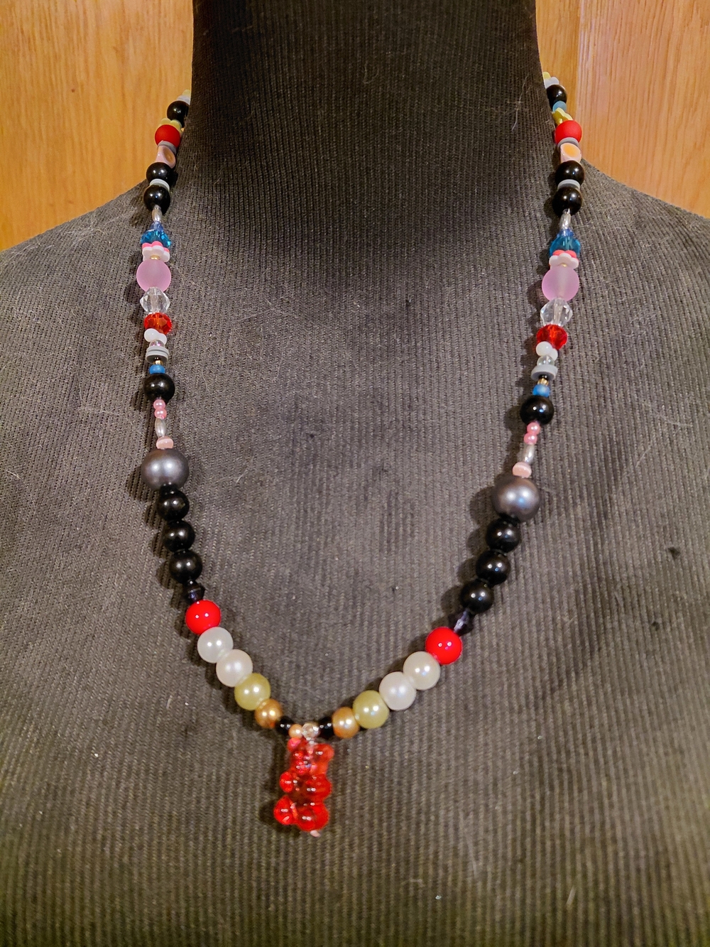 Women's Multicolor Beaded Necklace with Red Pendant